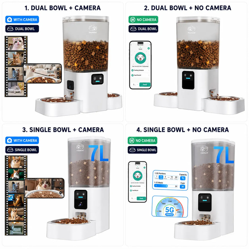 Frienhund Dual Camera Smart Pet Feeder – CHOOSE: with CAMERA / NO CAMERA, with 7L Dry Food Capacity, 1080P HD Monitoring, Night Vision, App Remote Control, Timed & Portion Feeding, Dual Stainless Steel Bowls for Multi-Pet Homes, Dual Bowls