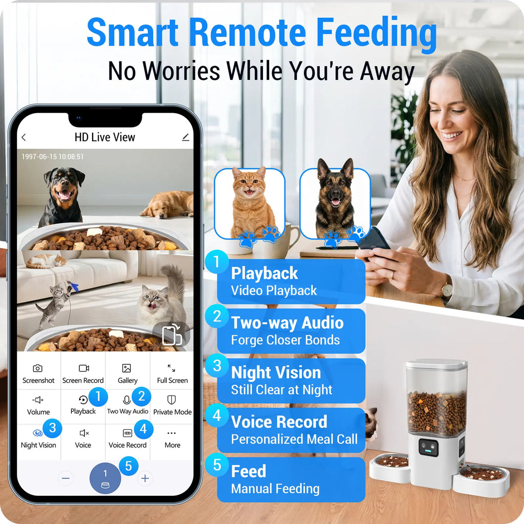 Frienhund Dual Camera Smart Pet Feeder – CHOOSE: with CAMERA / NO CAMERA, with 7L Dry Food Capacity, 1080P HD Monitoring, Night Vision, App Remote Control, Timed & Portion Feeding, Dual Stainless Steel Bowls for Multi-Pet Homes, Dual Bowls