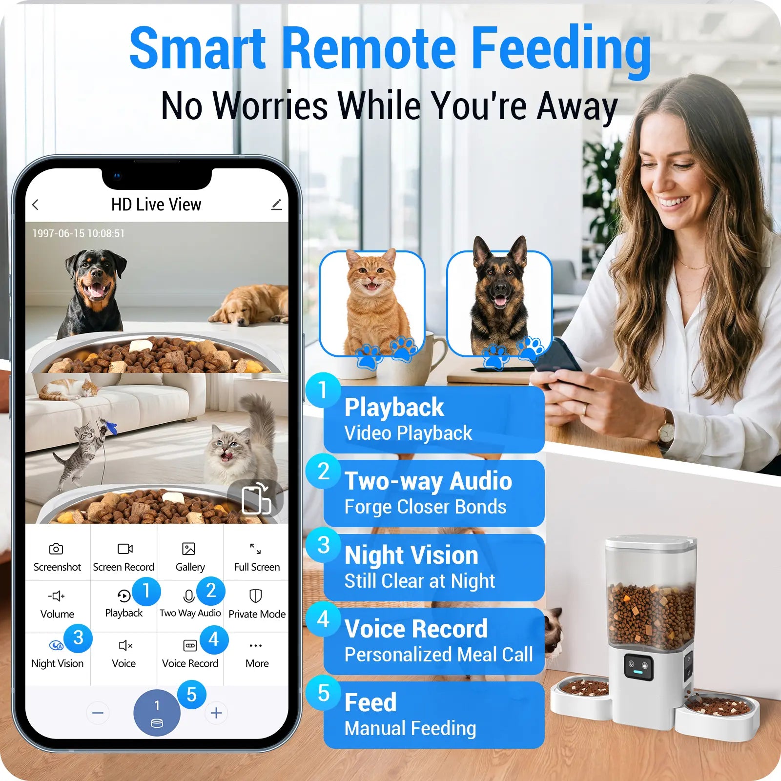 Frienhund Dual Camera Smart Pet Feeder – CHOOSE: with CAMERA / NO CAMERA, with 7L Dry Food Capacity, 1080P HD Monitoring, Night Vision, App Remote Control, Timed & Portion Feeding, Dual Stainless Steel Bowls for Multi-Pet Homes, Dual Bowls