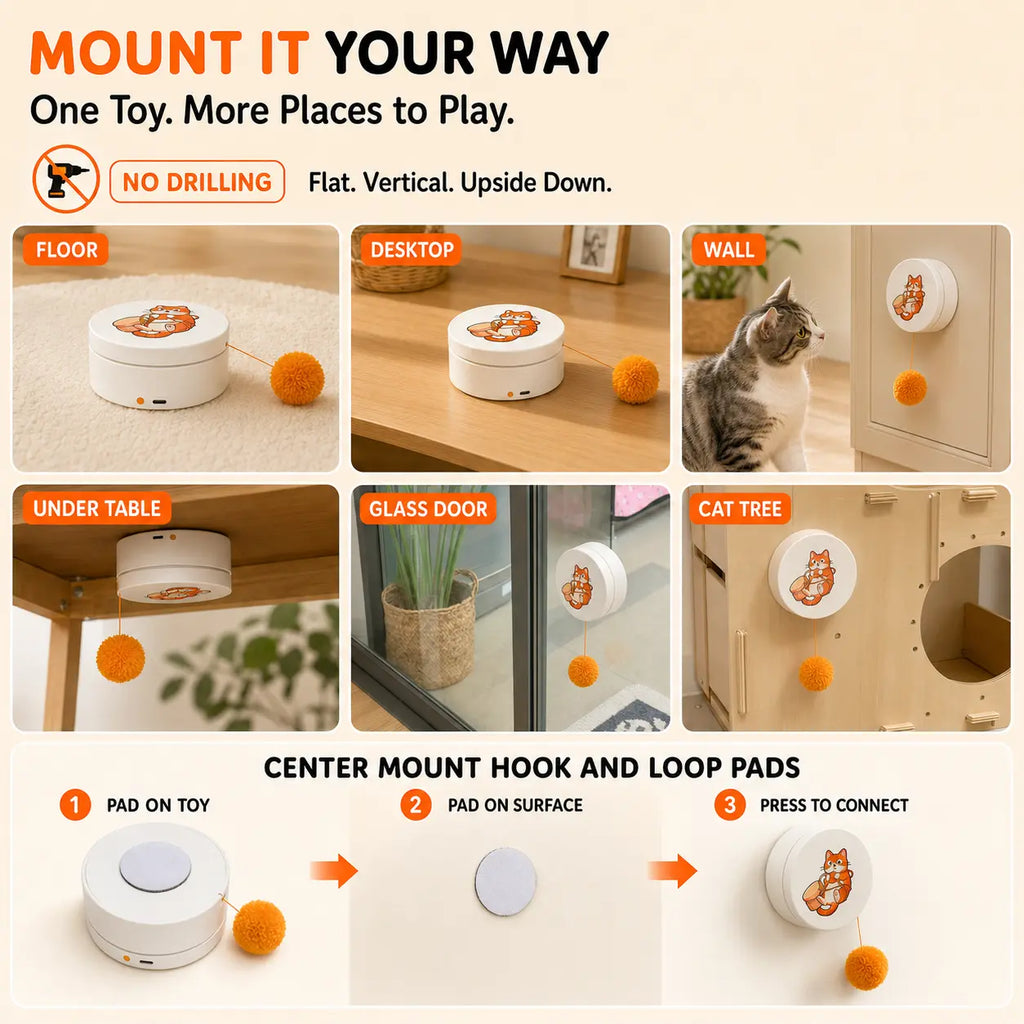 Smart Rotating Cat Teaser, Rechargeable Interactive Cat Toy with 5 Play Modes, Touch-To-Wake, Auto Sleep, Multi-Surface Mounting and Replaceable String for Indoor Cats & Kittens