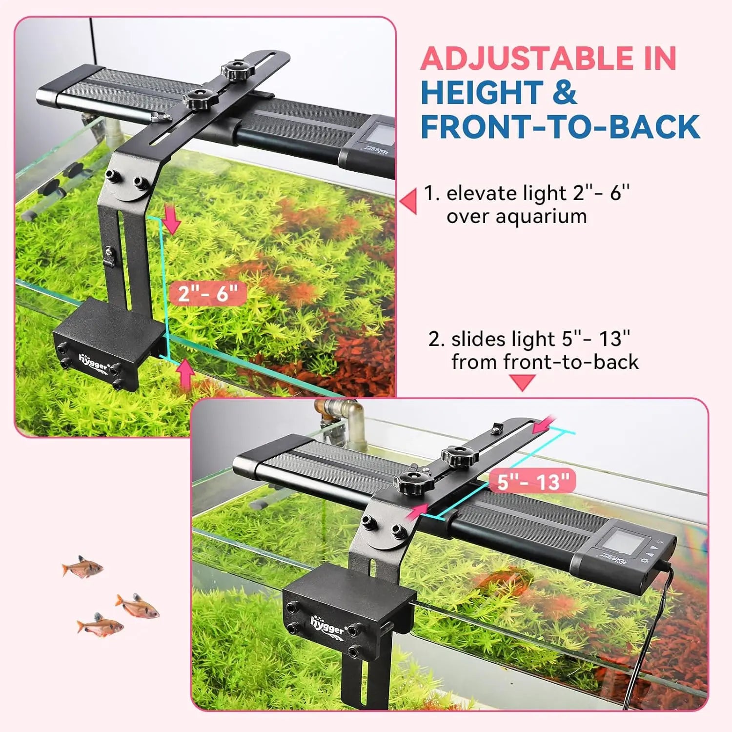 Hygger Aquarium Light Riser Fits, Universal Fish Tank Light Holder Adjustable Led Aquarium Light Mounting Bracket, Sturdy Aluminum Ultra Wide