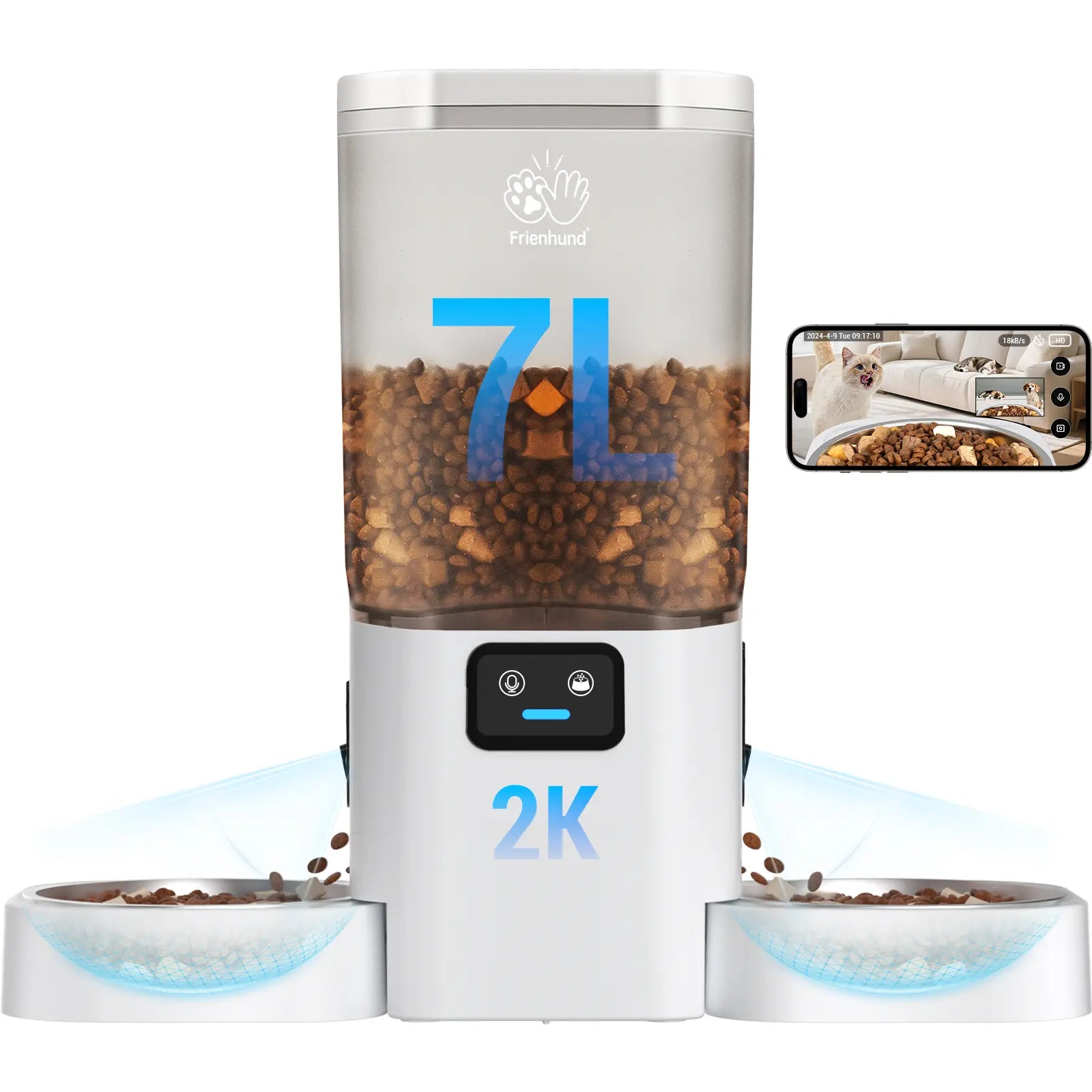 Frienhund Dual Camera Smart Pet Feeder – CHOOSE: with CAMERA / NO CAMERA, with 7L Dry Food Capacity, 1080P HD Monitoring, Night Vision, App Remote Control, Timed & Portion Feeding, Dual Stainless Steel Bowls for Multi-Pet Homes, Dual Bowls