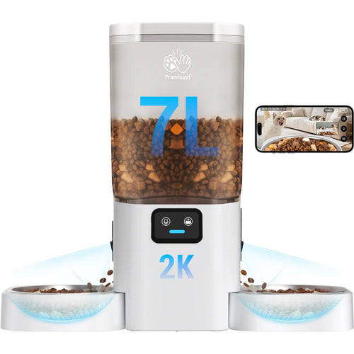 Frienhund Dual Camera Smart Pet Feeder – CHOOSE: with CAMERA / NO CAMERA, with 7L Dry Food Capacity, 1080P HD Monitoring, Night Vision, App Remote Control, Timed & Portion Feeding, Dual Stainless Steel Bowls for Multi-Pet Homes, Dual Bowls