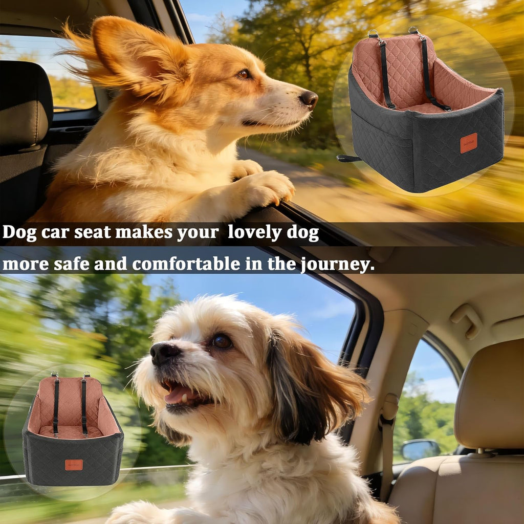 Dog Car Seats for Small Medium Dogs, Portable Detachable Washable Puppy Car Seat for Dog up to 35Lbs, Pet Booster Seat with Storage Pockets and Safety Belt (Black/Brown, Medium)