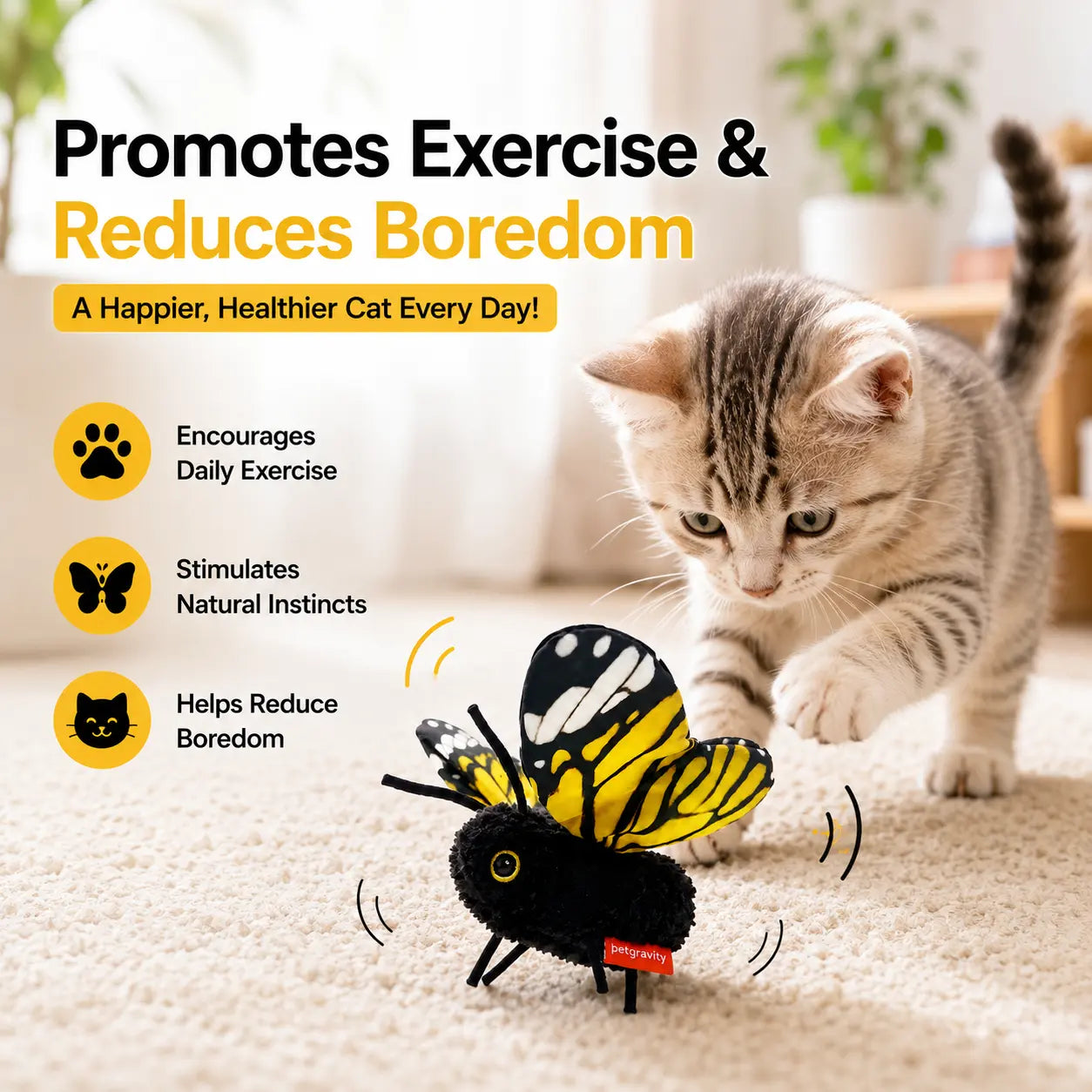 Interactive Electric Butterfly & Bluebird Cat Teaser Toy, 3 Smart Flying Modes, USB Rechargeable Hanging Toy with Washable Cover for Indoor Cats, Teaser Toys
